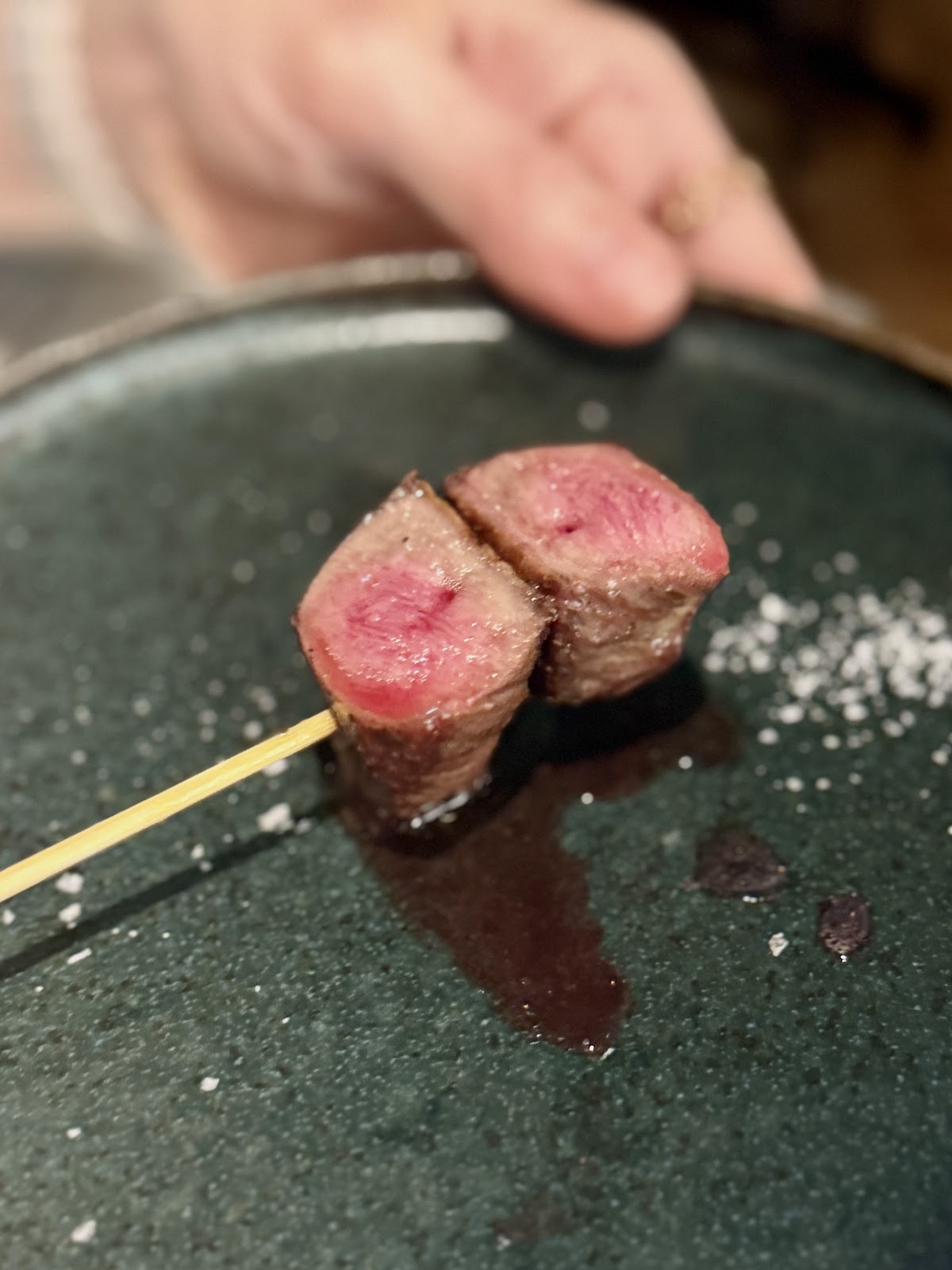緑灰色の皿に乗った串、岩塩が散り、奥に薄く店内の影。